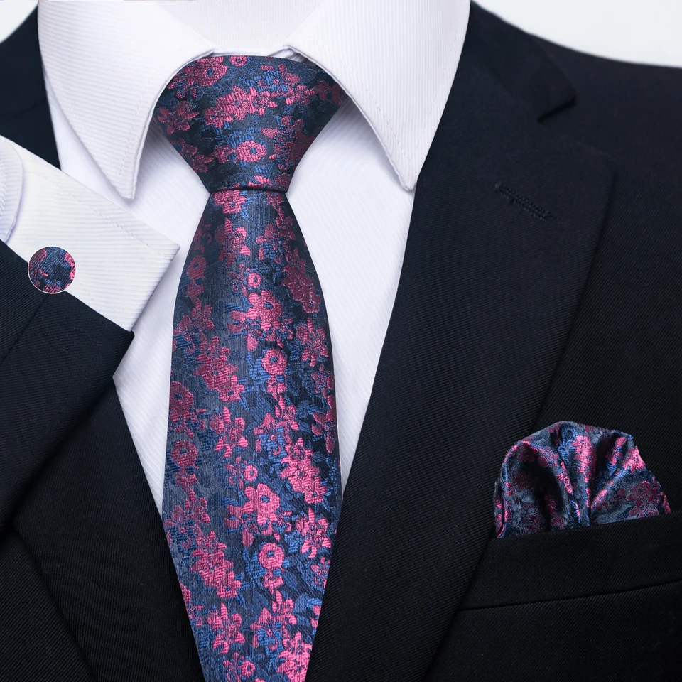 100% hodvábna kravata pre mužov Špičkový luxusný 7,5 cm kravata Hanky ​​Cufflink Set Purpurová kravata Formálne oblečenie Deň nezávislosti