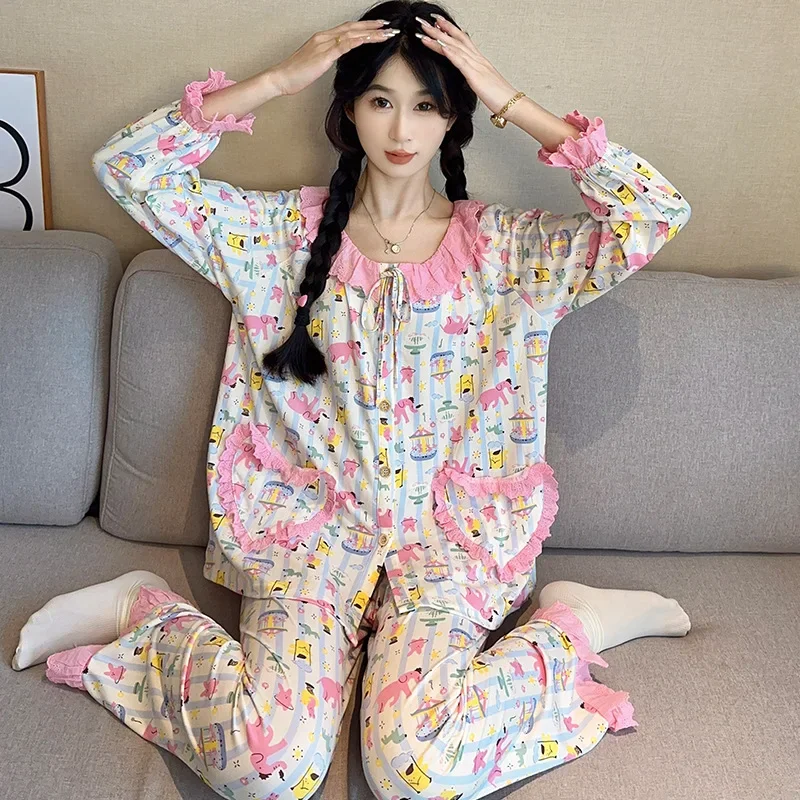 100 kg plus veľkosti pyžamy dámska jarná karikatúra s dlhým rukávom nohavice voľné príležitostné salónik Kimono Style Mardigan Homesuit 4xl