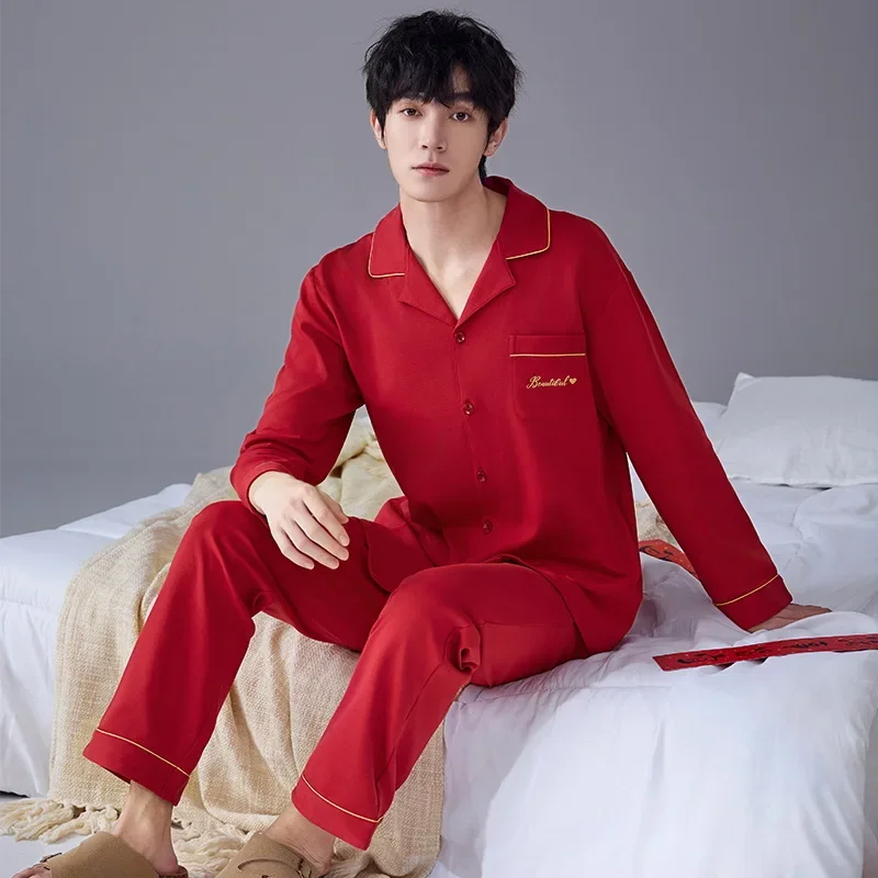 100 kg veľkej veľkosti Pure Cotton Sleewear Men Chinese Nový rok červené pyžamo Nový pár svadobný domáci oblek Spring Cardigan 2 -kusová sada