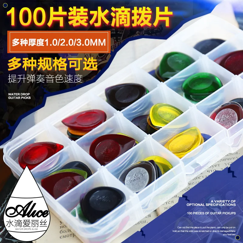 100 kusov Alice Guitar Picks Transparent Electric Bass Waterdrop Tvar Guitar Picks Hrúbka 1,0 2,0 3,0 mm gitarové príslušenstvo