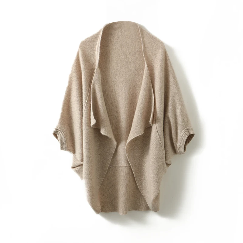 100% Merino Wool Cardigan Women Sweater Shawl Shawl Batwing Ruckve Loose Cashmere Autumn Winter Zima hrubý útulný pletený elegantný šál