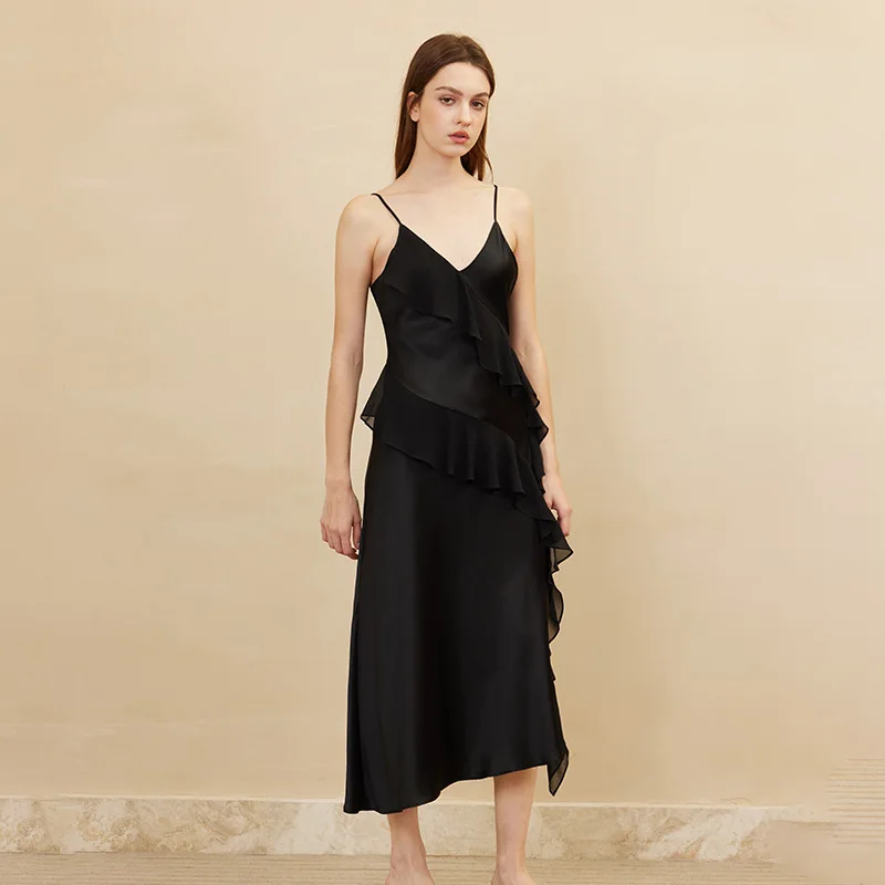 100% Mulberry hodvábne večerné šaty hodvábne šmykľavé šaty prehadzované elegantné dlhé šaty špagety remienok Čierne nočné dámske dámy sexy spánkové oblečenie
