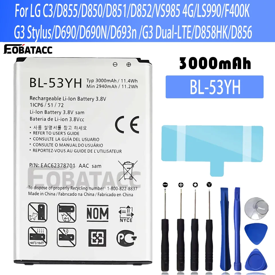 100% Nová originálna batéria BL-53YH pre LG C3/D855/D850/D851/D852/VS985 4G/LS990/F400K/G3 Stylus/D690/D690N BATKÁRA + ZADARMO Nástroje