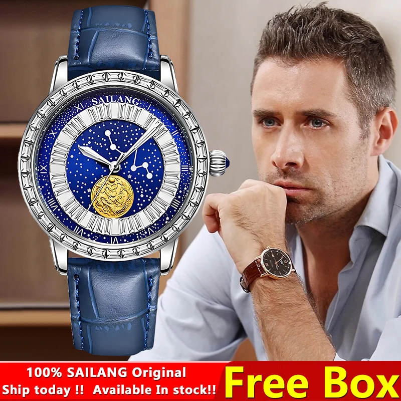 100%Original Sailang Men sledujte vodotesný kožený remienok Simple Fashion Starry Sky Swarovski Diamonds Pánske luxusné náramkové hodinky