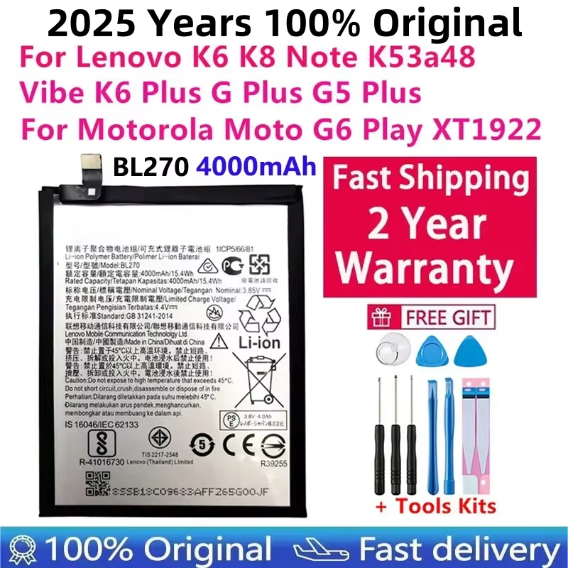 100% originál pre Lenovo K6 K8 Poznámka K53A48 VIBE K6 G G5 Plus 4000MAH BL270 Batéria pre Motorola Moto G6 Play XT1922 Bateria