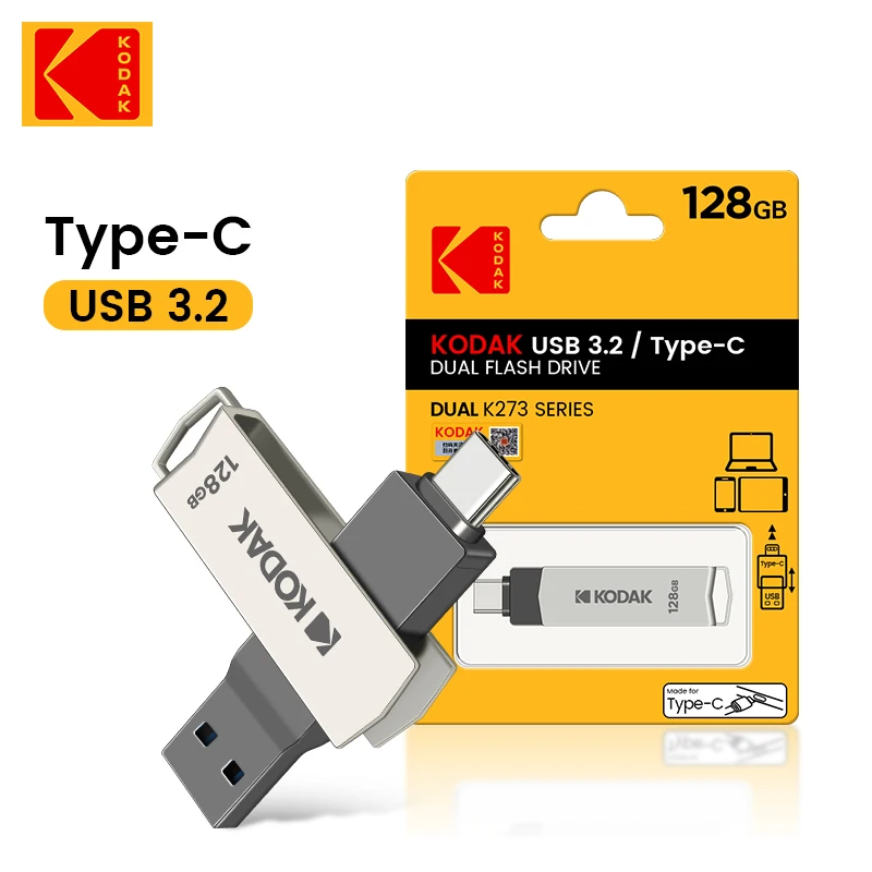 100% originálny Kodak USB3.2 Pendrive K273 Metal USB Flash Drive USB3.2 Gen1 Typ C OTG Per Drive High Speed ​​128 GB pre notebook