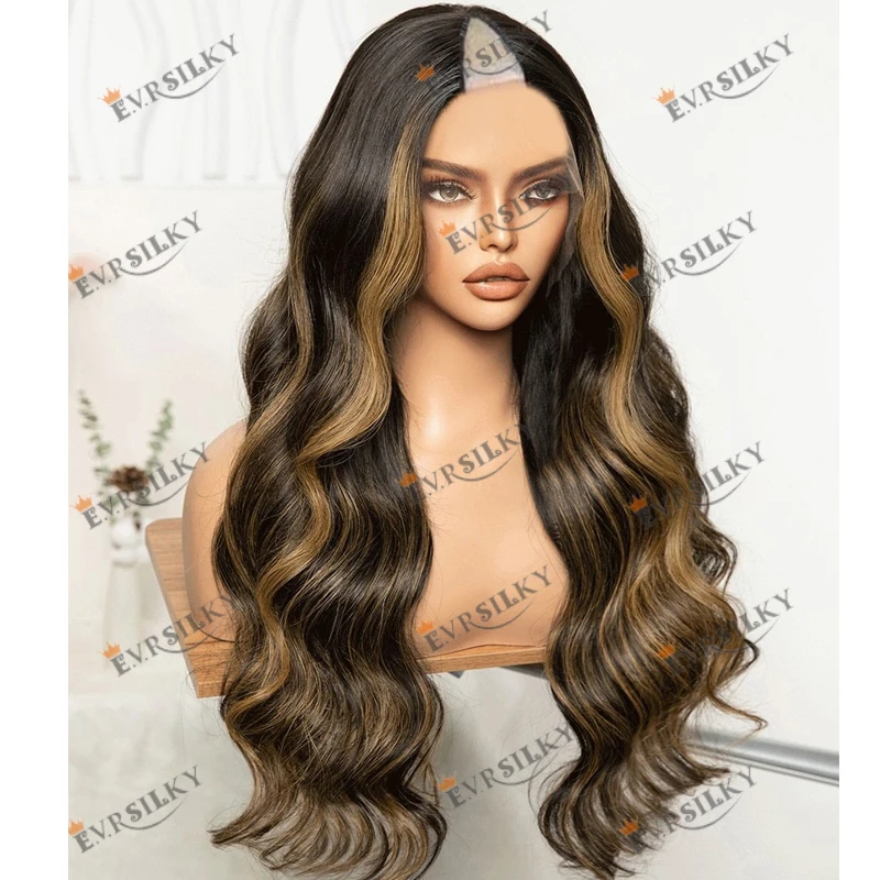 100% panenské ľudské vlasy zvýrazňujú blondínku hlbokú vlnu tela 1x4 V parochne pre čierne ženy bez Glueless Easy Instalt U Part Parochne