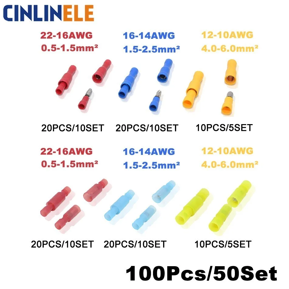 100 piece 50set Gulet Shat Wire Electrical Connector Mužská samica Izolačná izolácia nylonový kábel Terminál FRD MPD Terminátor