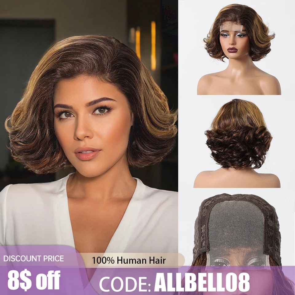 100% remy ľudské vlasové parochne Parochne krátke zvlnené pixie cut bob vlasy čokoládové hnedé highlight Blonde parochňa pre ženy