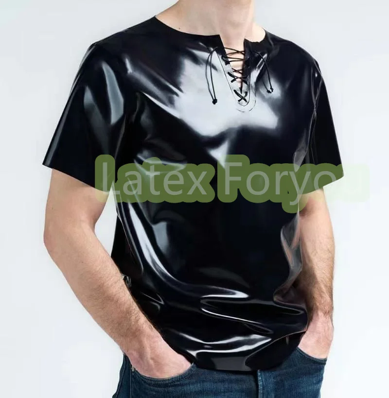 100% ručne vyrábaný latexový pánsky okrúhly obojok šnurka do predného oblečenia horné tričko Krátke rukávy Muž Gummi Rubber Základné móda Prispôsobené