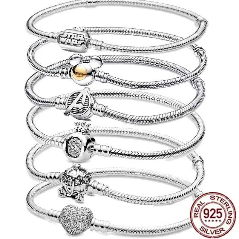 100% S925 Sterling Silver Crown Mickey Snake Bone náramok, ktorý je vhodný pre náramky Pandora, dámy k narodeninám šperkov
