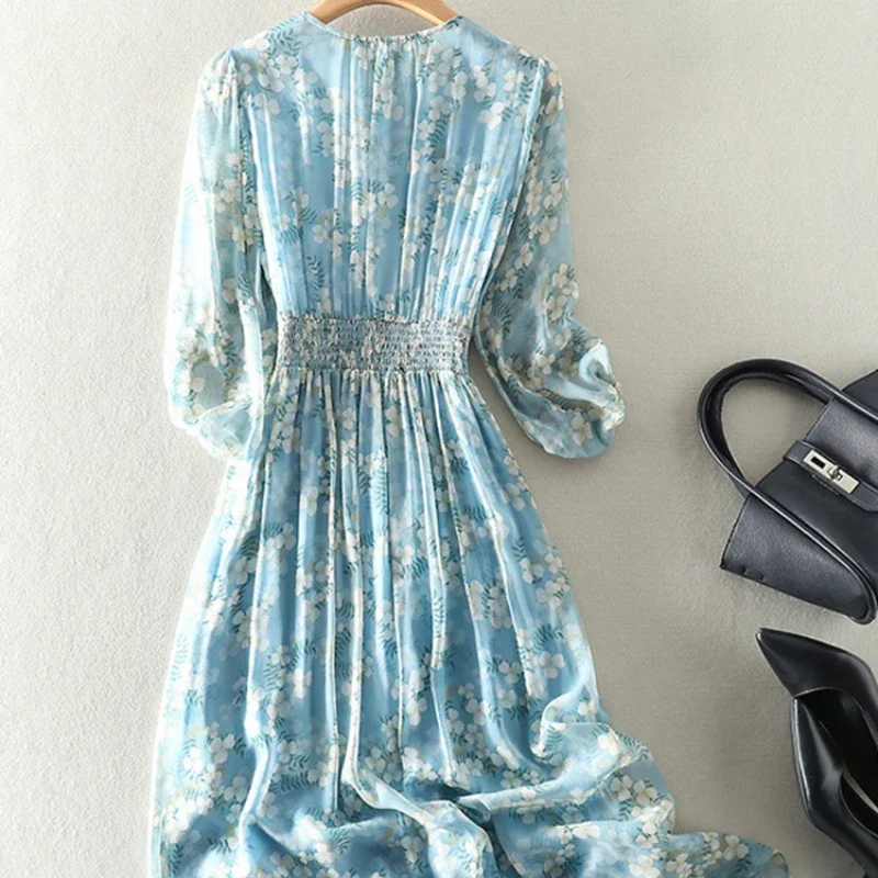 100% skutočné letné letné šaty Mulberry hodvábne Ženy Elegantné kvetinové šaty pre ženy tlač vinobranie dlhé šaty Vestido midi elegante ZM