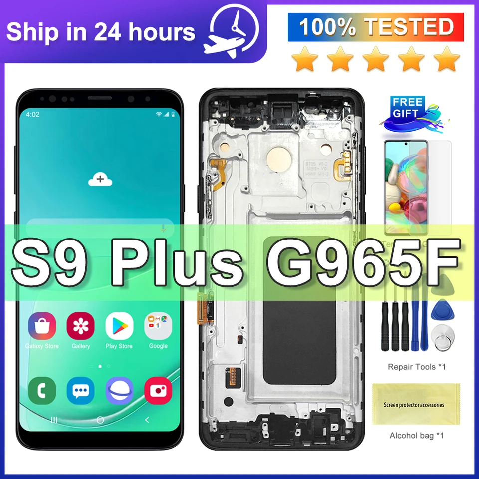 100% testovaná TFT pre Samsung S9 Plus G965 G965F LCD DISPLEY DOPLETNÁ SCREE s rámom, pre výmenu displeja Galaxy S9+