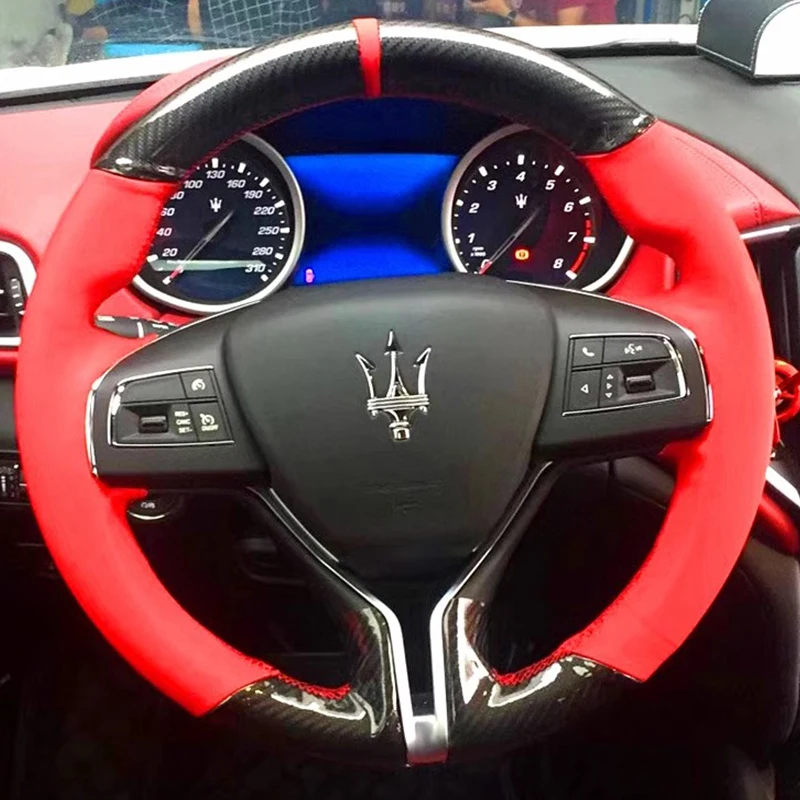 100% vhodné pre Maserati Ghibli Levante Quattroporte ručne šité čierne uhlíkové vlákno Červené kožené auto na volant