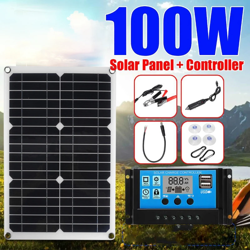 100 W 12V Súprava so solárnym panelom so solárnym panelom 60A Solar Charge Controller 2 USB Porty Outdoor Proteble Moblie Phone nabíjačka vonkajšia