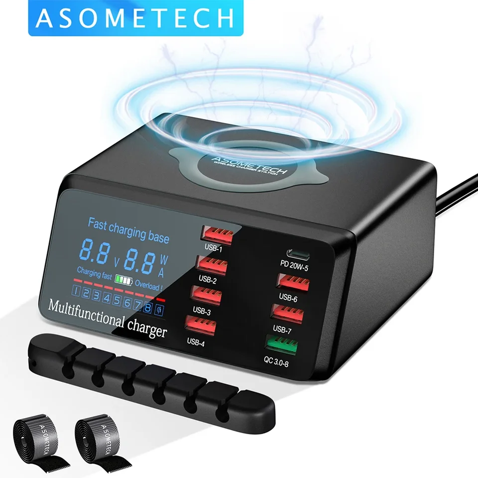 100 W Multi USB Fast Charger Hub Charging Station Wireless Chargers Rýchly poplatok za nabíjačku iPhone 12 Samsung Xiaomi Huawei PD