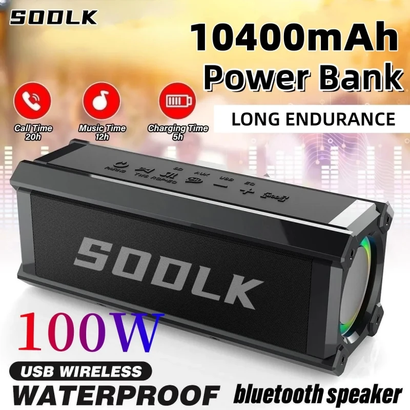 100 W vysoký výkon Bluetooth Reproduktor domáce kino Wireless Sound Box Outdoor Prenosný nepremokavý subwoofer s 12 -hodinovým palingovým Tws