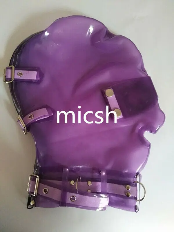 100% čistý latexový gumový gumový fialová maska ​​ručne vyrábaná zaviazaný zips 0,4 mm Halloween