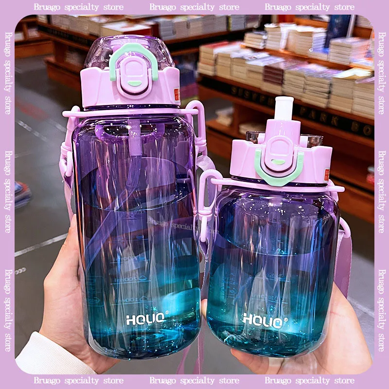 1000 ml zelená veľká slamatá slamka Dievčatá Plastové pitie pohár vysokej gradientu Color Anti Fall Študenti vonkajšie športové šikmé sklo
