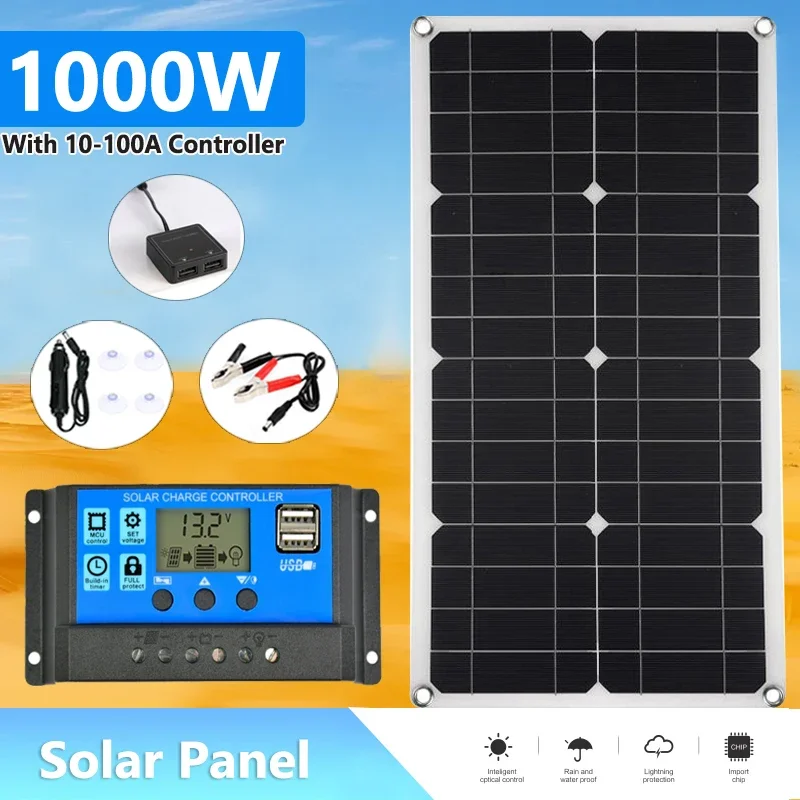 1000 W súprava solárneho panela 18V Solárna doska Duálne USB 12V/5V DC Jednajú kryštálový flexibilný solárny článok, vhodný pre nabíjačku batérií automobilov