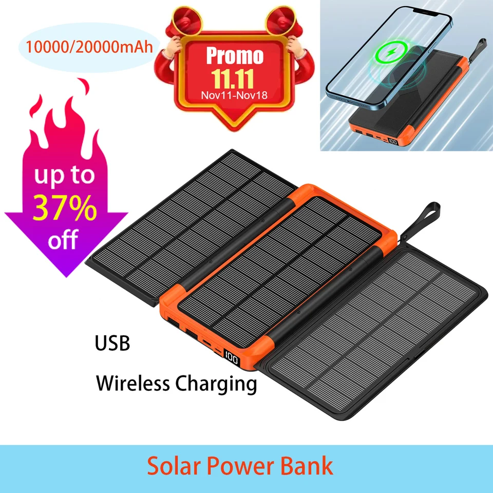 10000/20000 mAh Solar Power Bank Hidden Flip Solar Panel Prenosná solárna energia s bezdrôtovým nabíjaním USB za cestovanie