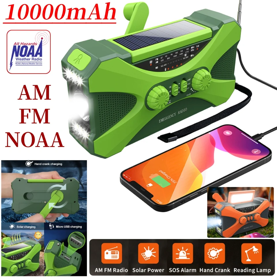 10000 mAh núdzová solárna energia Rádio Rádio Rádio AM/FM/NOAA Globálny prijímač Vysoko kvalitný LED Torch Reading Light SOS Alarm SOS Alarm