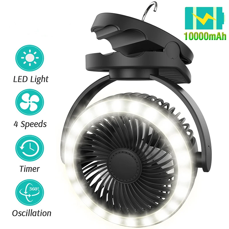 10000 mAh prenosný prenosný kempingový stropný ventilátor USB Nabíjateľný bezdrôtový elektrický vzduchový chladiaci klipový ventilátor s LED žiarovkou