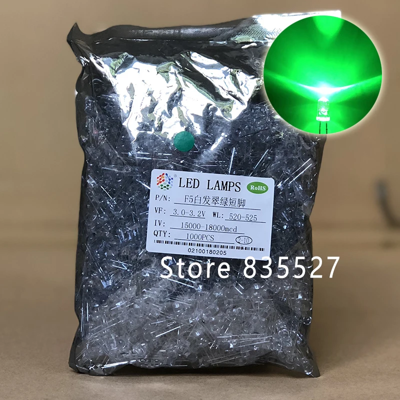 1000ks / šarža F5 5 mm okrúhla voda LED a čistá smaragdová zelená super jasná LED svetlo emitujúca dióda DIOD LAMP LAMP LAMP