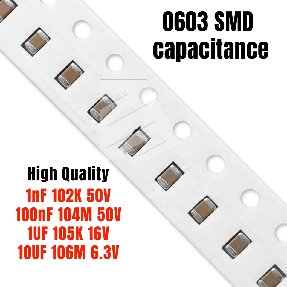 100ks 0603 SMD Chip Ceramic Ceramic: 1NF 102K 50V / 100NF 104M 50V / 1UF 105K 16V / 10UF 106M 6,3 V Nová vysoká kvalita