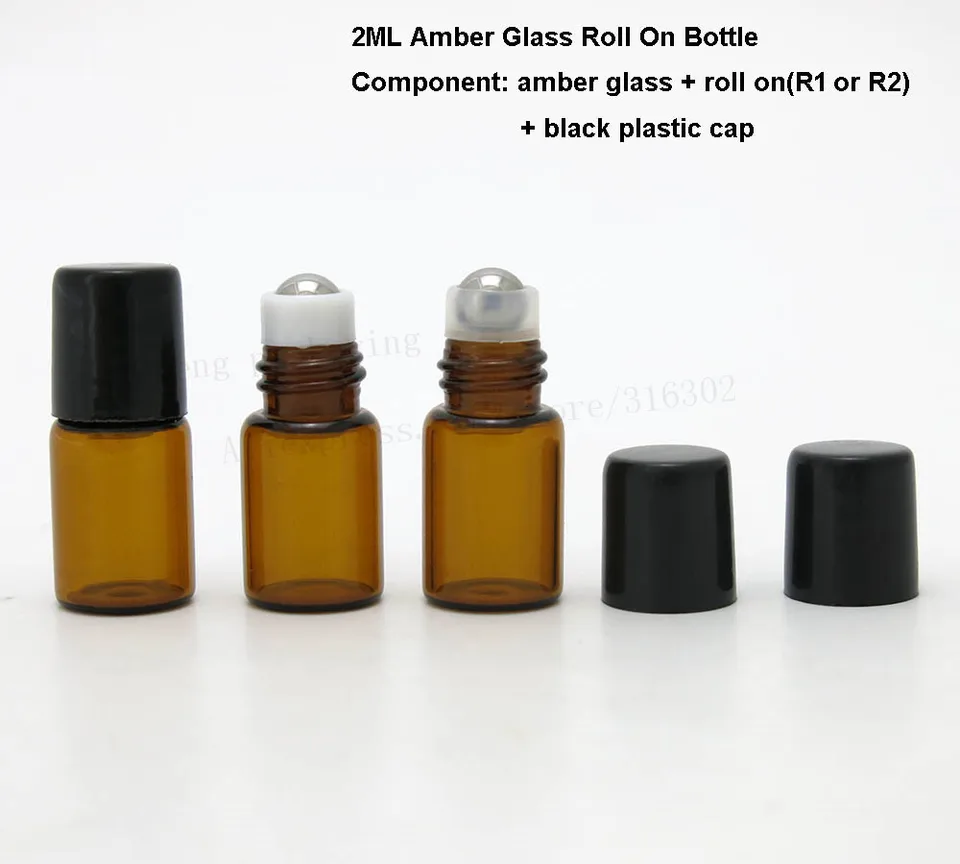 100ks 2 ml rolky na fľašiach s valcami pre éterické oleje Roll-On Rebilble Parfum Fľaša dezodorantné nádoby s čiernym vekom