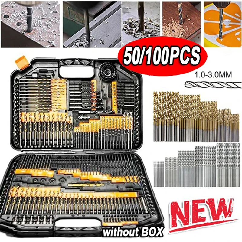 100ks/50ks Nové vŕtačky Twist Drill Bit Set Titanium Hex Shank HSS Drill Impact Driver Driving Tool Set Sada 1/1,5/2/2,5/3 mm