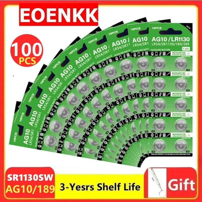 100ks AG10 1,55V BATKÁRNE BATKÉ BATKÉ BATÉRIE LR1130 389A 198 LR54 189 LR54 CELL COIN ALKALICKÁ BATTERSKÁ BATTERIS SR54 389 189 pre Watch Computers