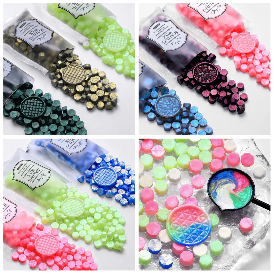 100ks Aurora Borealis Octagonal Wax Pečate guľôčky, námornícke modré ohnivé farby voskového vosku Glitter Polariser Stamp Taler vosk pre písmeno