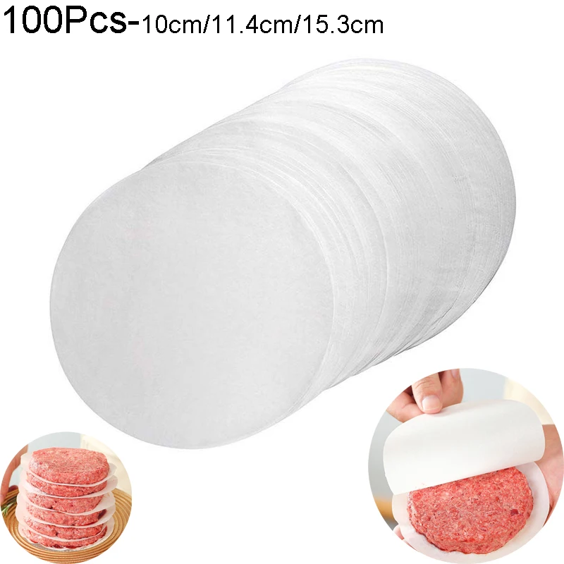 100ks/balíček hamburger Patty Paper - 10/11.4/15,3 cm voskové papiere na oddelenie mrazených lisovaných placiek - pre hamburgerový patty papier