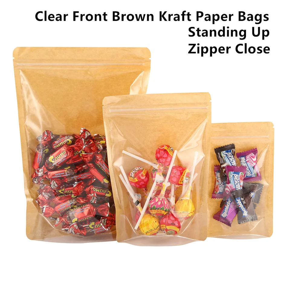 100ks Brown Stand Up Up Kraft Paper Tašky na zips s čírym predným - papierové vrecká s potravinami stojaté samovražené občerstvenie