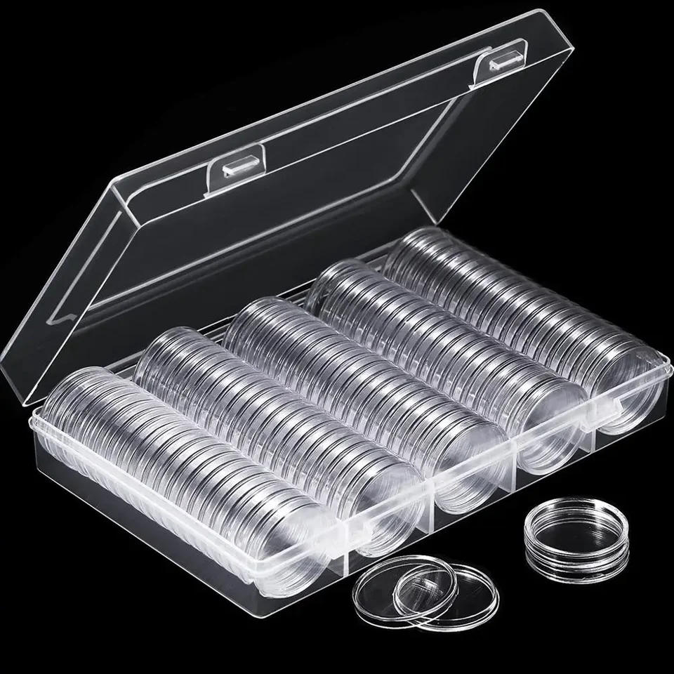 100ks Clear Coin Capsule Držiteľ prípad 27/30 mm Transparent Pamätné zberné zberné skladovacie skrinky Zbierka Zbierka Dodávky
