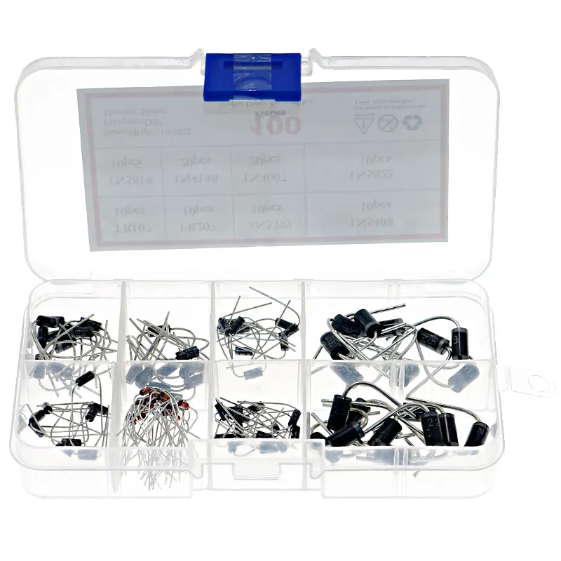 100ks diódy usmerňovač súpravy Schottky DIY Set 1N4007 1N4148 1N5817 1N5408 1N5822 1N5399 FR107 FR207 v komponentnej schránke