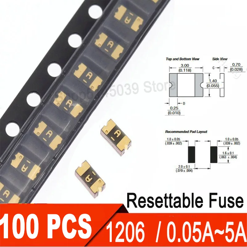 100ks presídnuteľná poistka SMD pre 1206 0,05A 100MA 120MA 0,16A 0,2A 0,25A 0,3A 0,35A 0,5A 0,75A 1A 1A 1,5A 2A 3,5A 4A 5A SMD FUSE