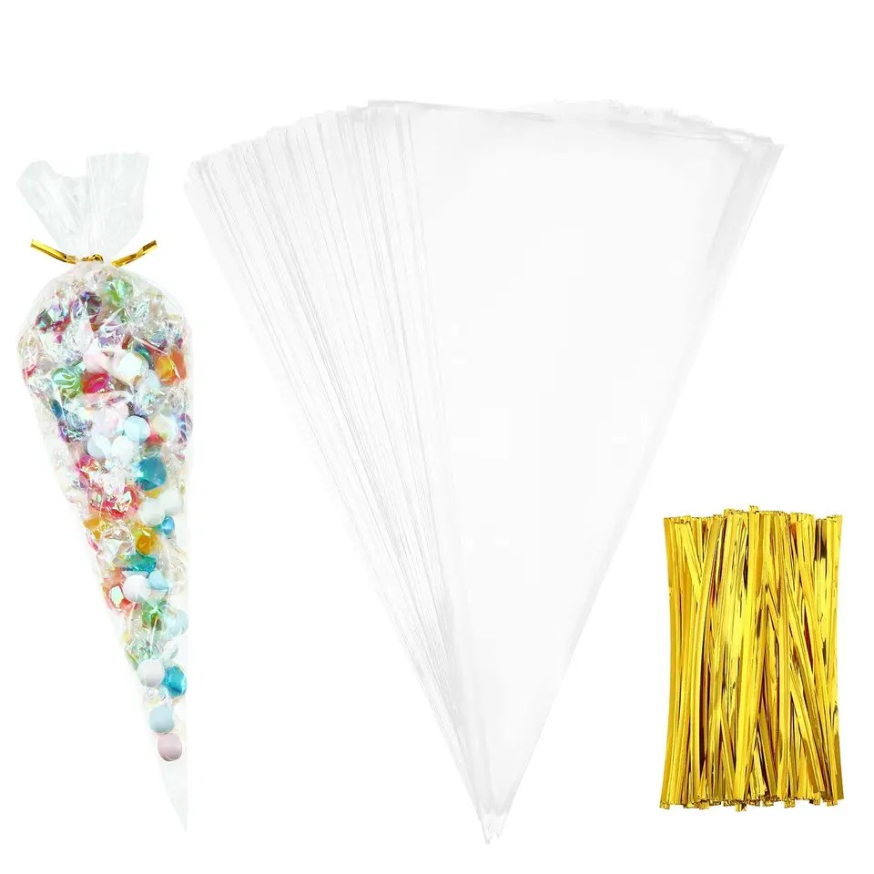 100ks Priehľadné kužeľové vrecká na violončelo vrecká na sladké čisté ošetrenie tašky so 100 počítačmi Twist Tries pre dobroty Popcorn Candy Party laskavosti