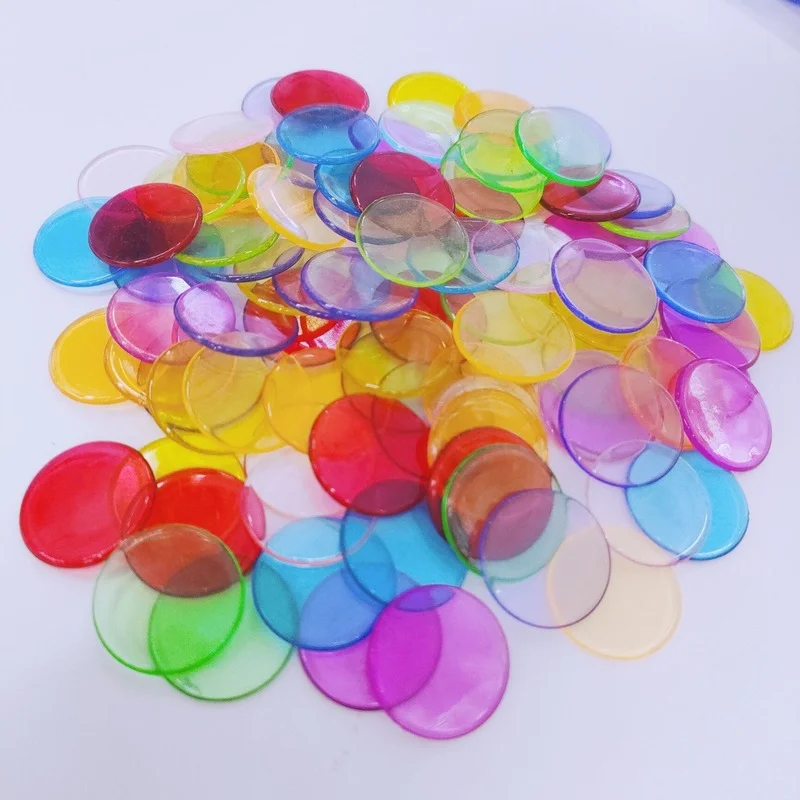 100ks/set bingo hry plastové čipy, priehľadné čipy, kusy hier bingo, doplnky, priemer 19 mm,