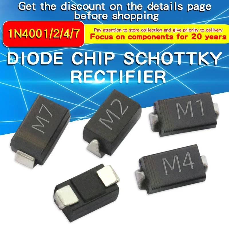 100ks SMD rýchle prepínanie Schottky Diódy Spravodlivá súprava súpravy M7 1N4007 M4 1N4004 M1 1N4001 M2 1N4002 Schotty Diode Set Pack Pack