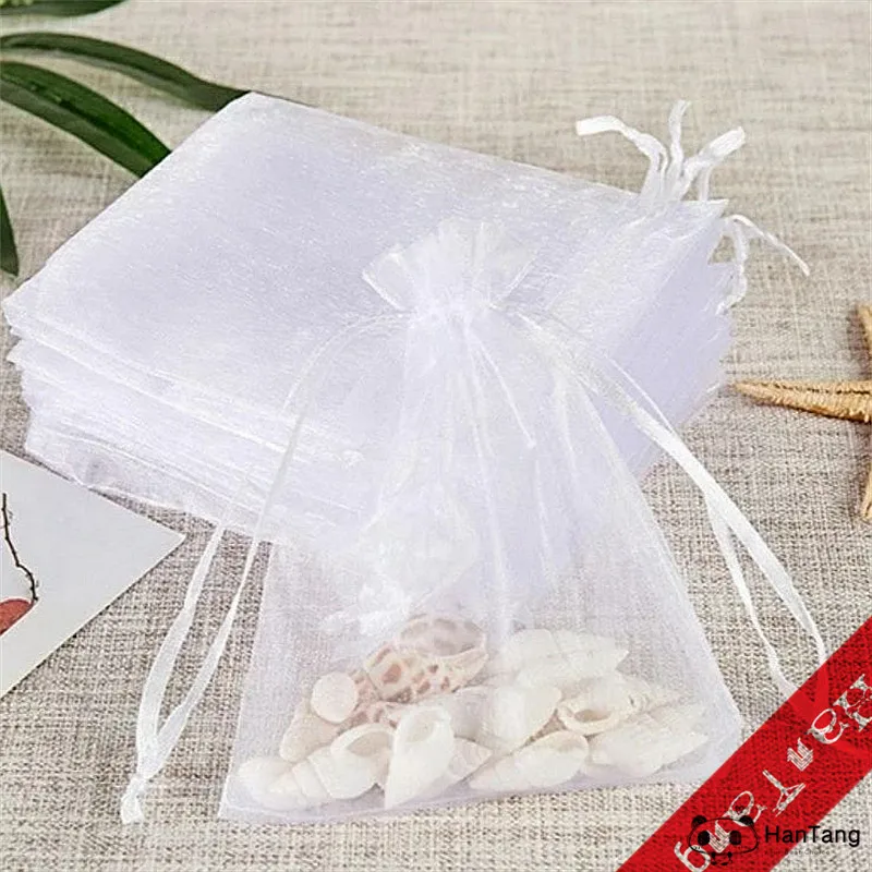 100ks Tylové tašky Drawstrings vrecká 7x9/9x12/10x15cm šperky darčekové zobrazenie balenie tašky na svadobnú tašku sáčkovú tašku Organza Bag 5Z