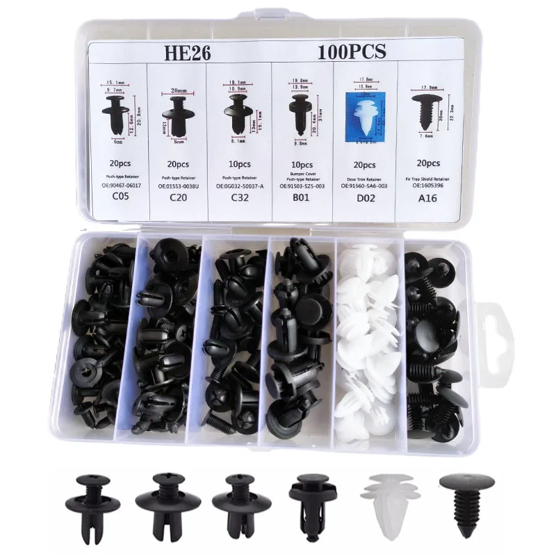 100ks upevňovač automobilu 6 Univerzálne automatické sponky zmiešané telesné plesníky Pin Pin Nivet Bumper Tines Dvere Panel Panel Kit