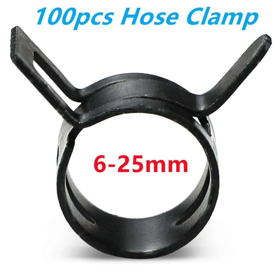 100ks čierny 65 mn mangánové oceľové pružinové hadicové svorky 6 mm-25 mm Elastická oceľová spona vodná voda Hoop Hades Hades Hades Clamps