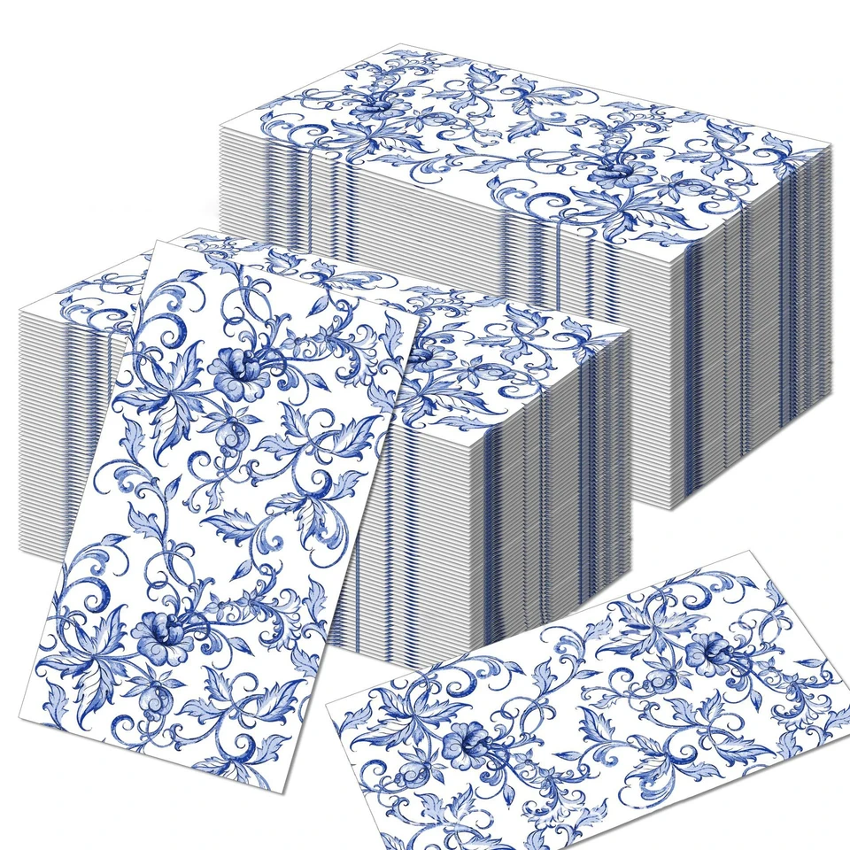 100ks čínsky štýl modrý a biely porcelánový vzorový papier papierové obrúsky 33*40 cm 2-vrstvové jednorazové stolové obrúsky pre svadobnú hostinu
