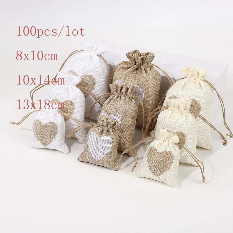 100ks/šarža 10x14cm tvar srdca Juta Replace tašky Malé šperky vrecká bavlnené bielizeň vrecká na pytlové balenie Darčeková taška