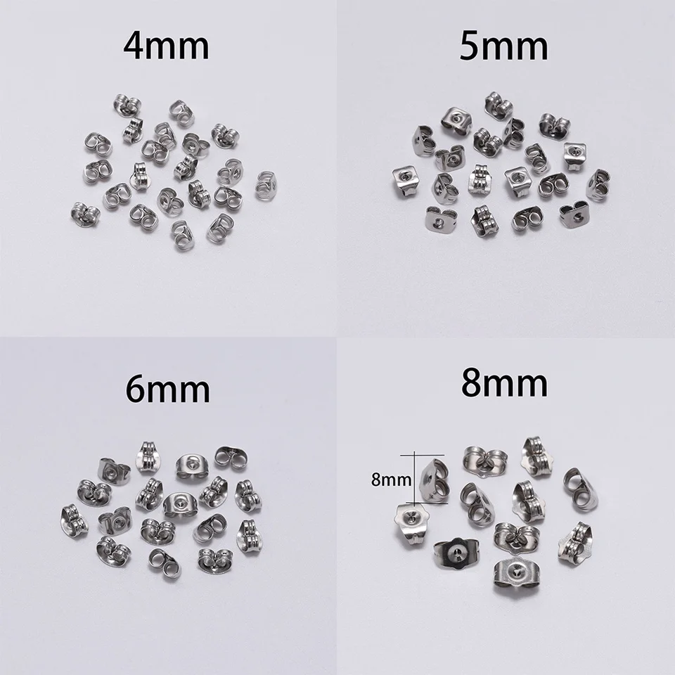 100ks/šarža 4-8 mm z nehrdzavejúcej ocele Zadné zadné zátky Uši cvočky ZAPNUTÉ ZÁKLADY PRE DIY ŠPECKY PRÍSLUŠENSTVO