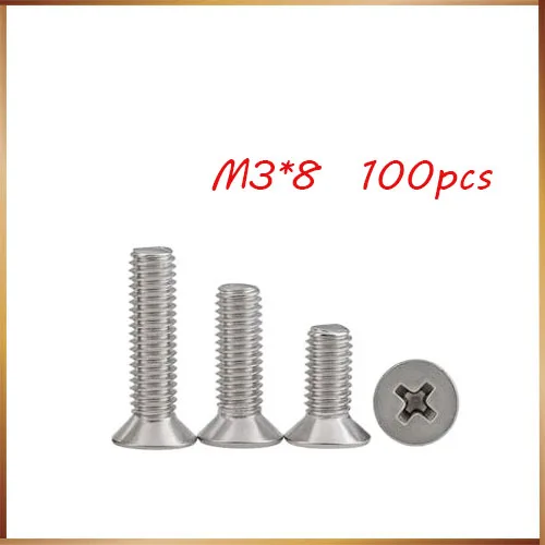 100ks/šarža GB819 m3x8 mm m3*8 mm 304 Nerezová oceľ plochá hlava krížová skrutka pre krvácanie hlavy