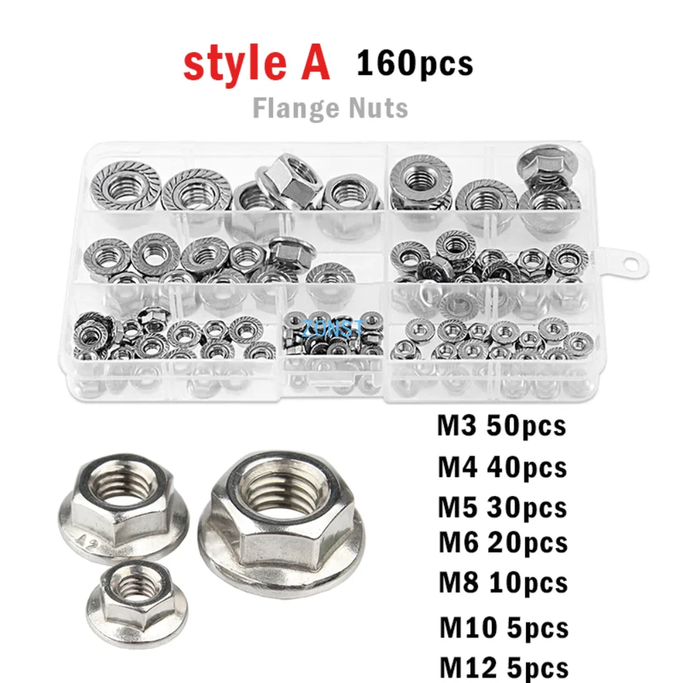 105/100ks prírubová matica Set M3 M4 M5 M6 M10 M12 Hexagon 304 Nerezová oceľ zúrivá spinlock prírubové zámky sortiment sortimentu