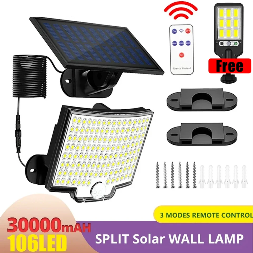 106 LED super svetlý snímač pohybu Solárne svetlá vonkajšie IP65 Vodotesné diaľkové ovládacie prvky Záhradná ulica Veranda Núdzová nástenná žiarovka